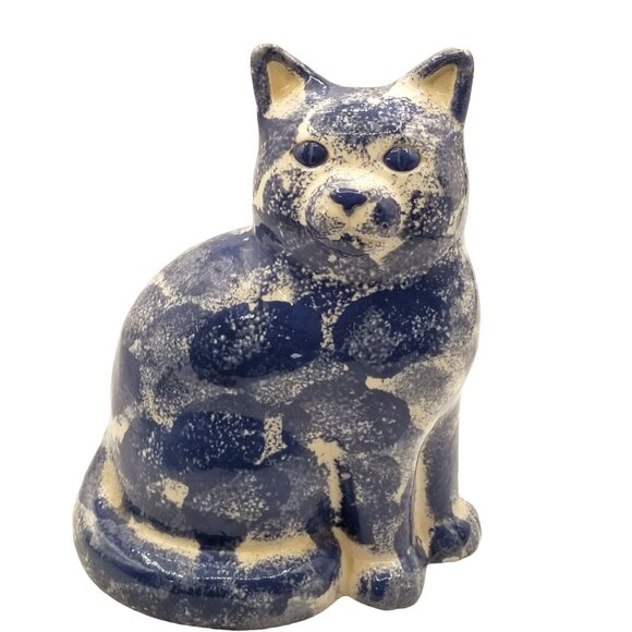 Vintage 80s Patchwork Ceramic Cat Figurine Blue Glossy Collectible 9" Hand Paint - Picture 1 of 12